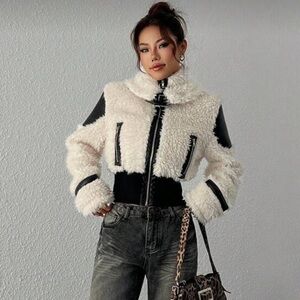 SHEIN Cream Teddy Jacket with Black Trim